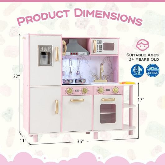 Wooden Kitchen Playset with Ice Maker and Sounds for Ages 3+-Pink