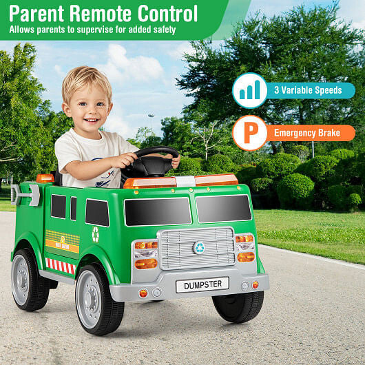 12V Battery Powered Electric Vehicle with Remote Control and Trash Bin-Green