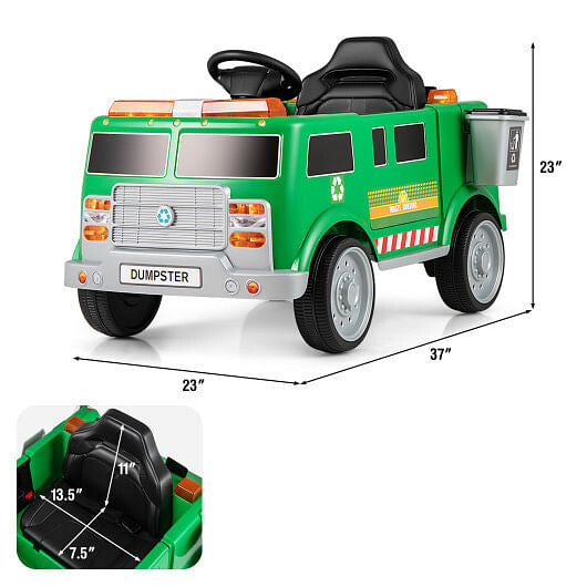 12V Battery Powered Electric Vehicle with Remote Control and Trash Bin-Green